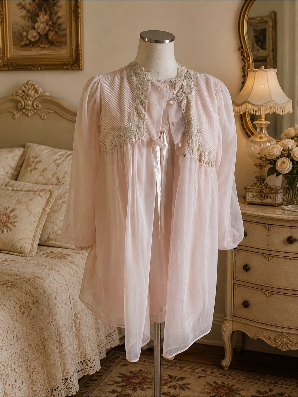 Gossard Artemis Pink Peignoir Chiffon Nightgown And Robe Set Size Small Vintage